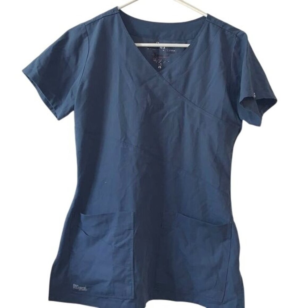 Greys Anatomy By Barco Womens Scrub Top XS Blue Short Sleeve Pockets 77% Polyest